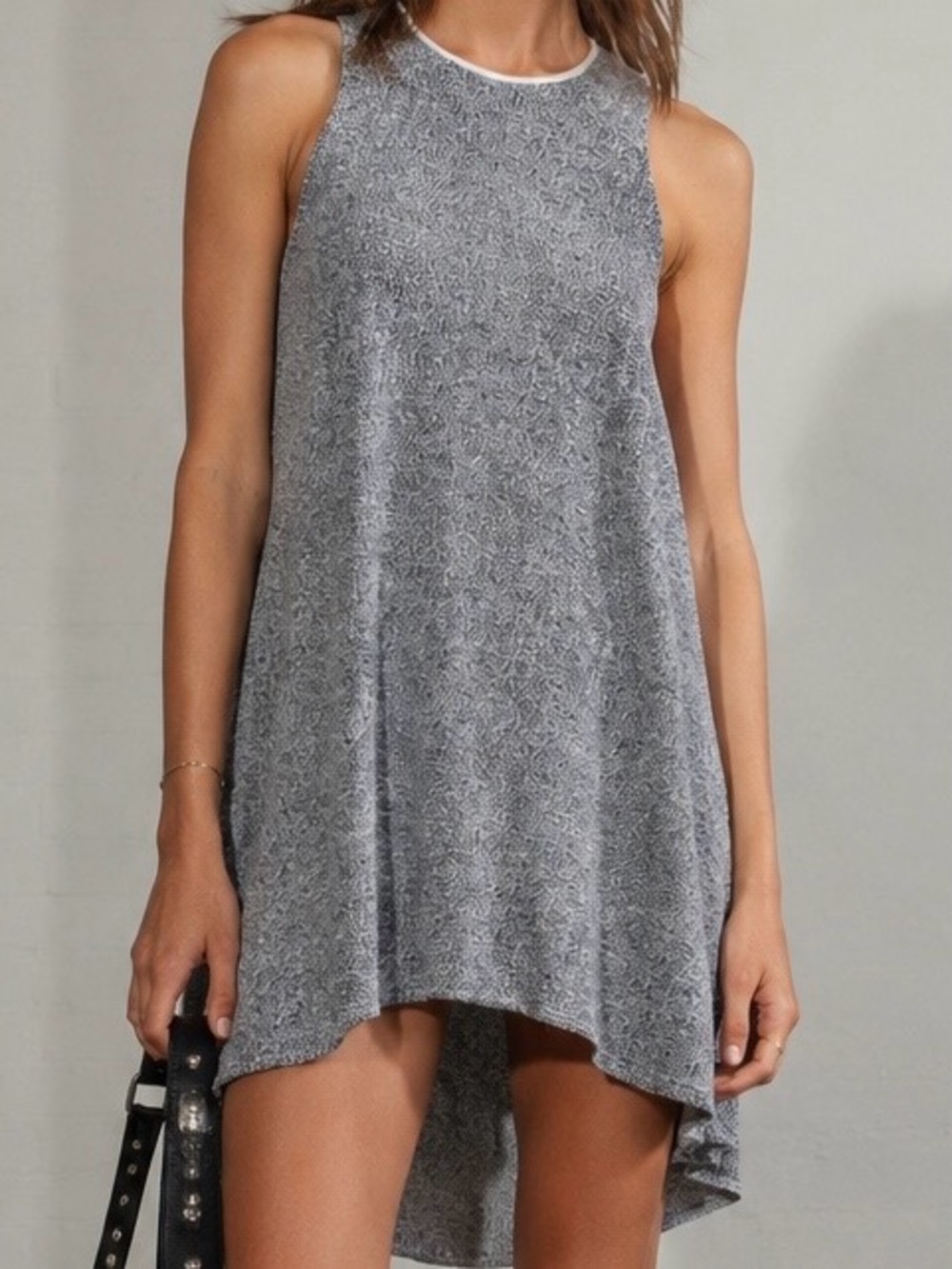 T Alexander Wang Leather Trim Collar Sleeveless Trapeze Flow Dress in Ink/Ivory